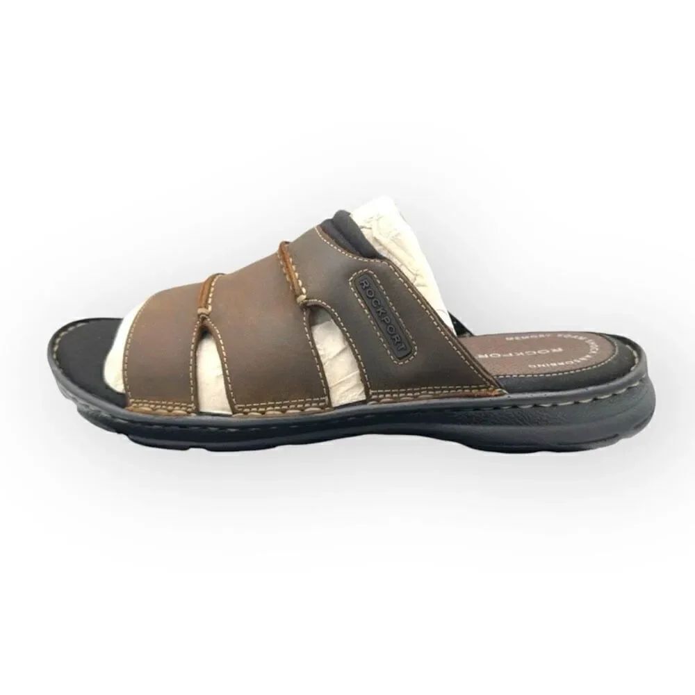 NWOT Rockport Mens Leather Slip-On Flat Heel Darwyn Slide Sandal Brown Size 10